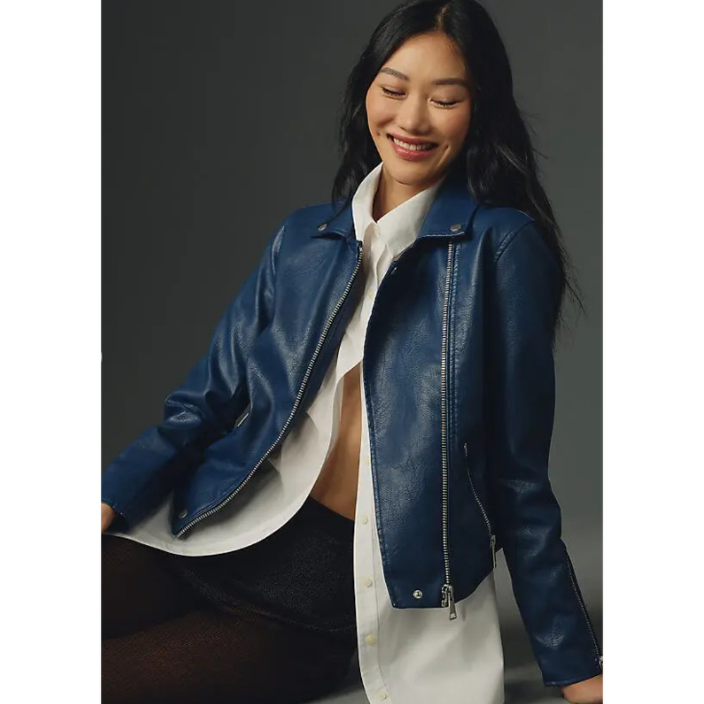 Anthropologie The Saige Faux Leather Moto Jacket Sz XXS Blue Motorcycle Biker